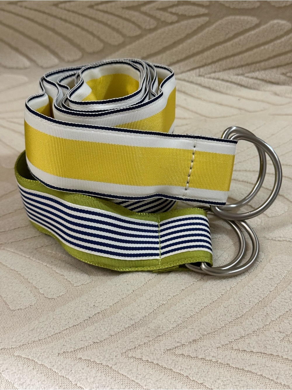 J. Crew Yellow, Navy, Green and White Striped D-Ring Fabric Belt Duo